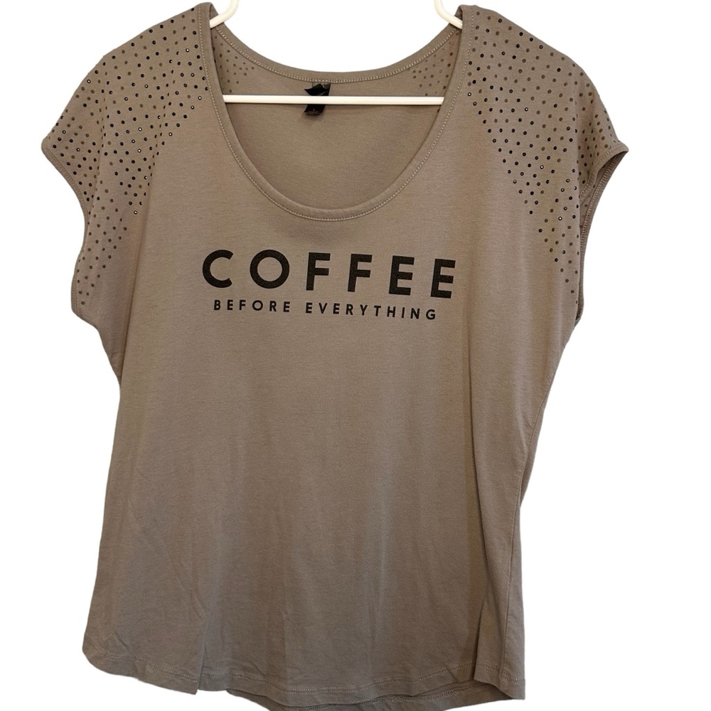 Dutch Bros Coffee “Rise & Grind” Mocha Short Sleeve T Sparkly jewels on shoulder